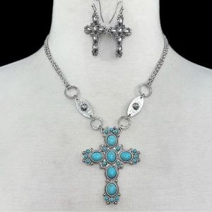 Turquoise Stone Western Style Christian Cross Necklace Earrings Set